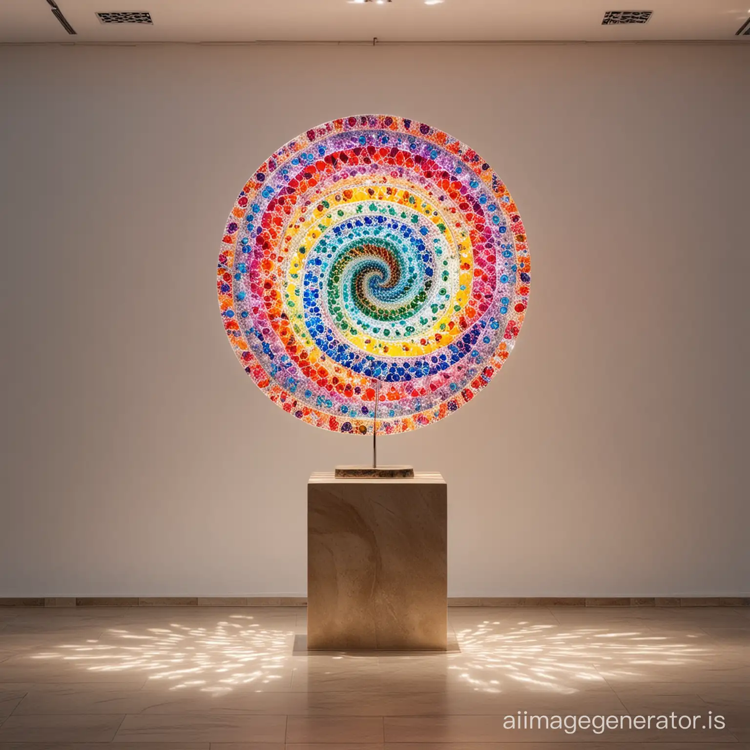 a big sculptures of spiral and mandala made of transparent colorful glass in on a colorful and shiny whit stone base, in a big minimal art gallery with special lights on the  of art