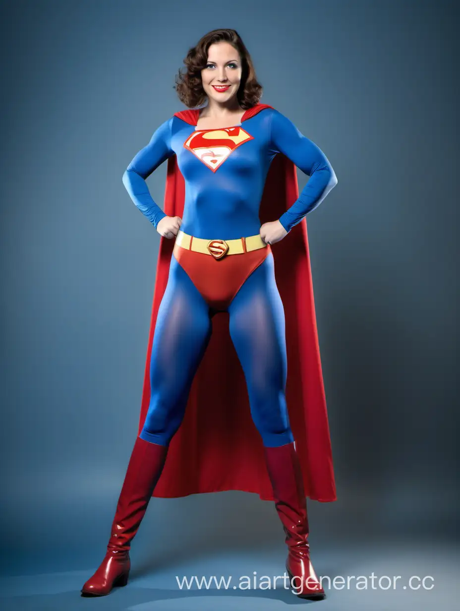 A beautiful woman with brown hair, age 30, She is happy and muscular. She is wearing a Superman costume with (blue leggings), (long blue sleeves), red briefs, red boots, and a long cape. The symbol on her chest has no black outlines. She is posed like a superhero, strong and powerful. In the style of a 1930s movie.