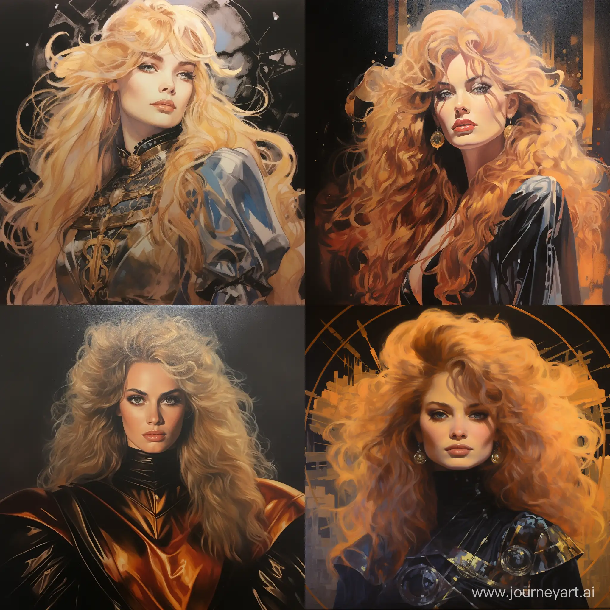 1980s dark fantasy mage queen with golden hair, gold shiny hair