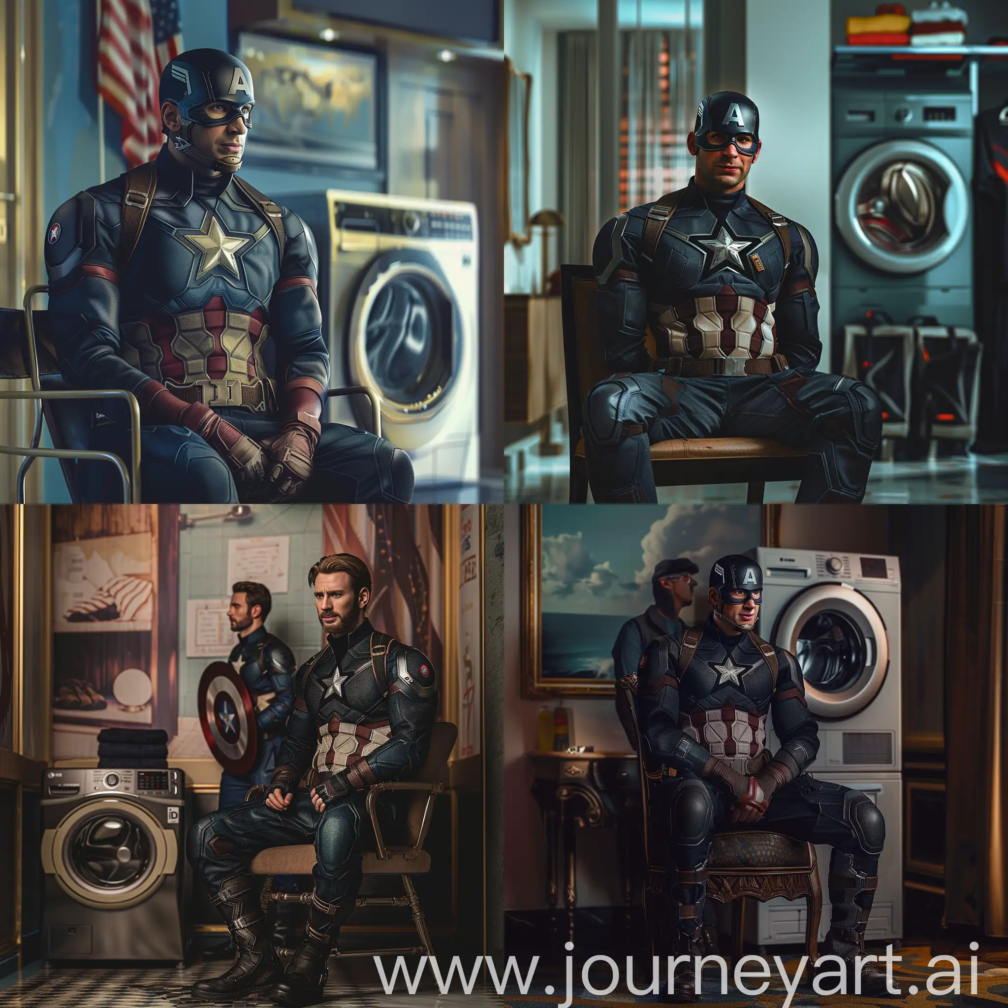 Marvel captain america sitting on a chair waiting for the repairman of his washing machine to finish his work, looking at the camera and smiling. Behind him is an image of a hotel room, high quality, super real, with calm colors
