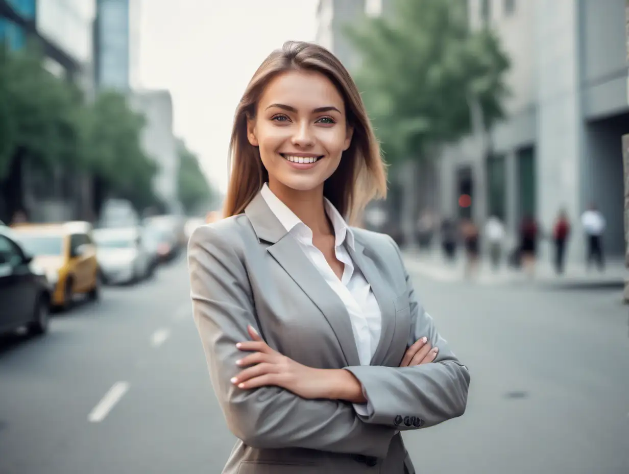 Young happy pretty smiling professional business woman, happy confident positive female entrepreneur standing outdoor on street arms crossed, looking at camera,