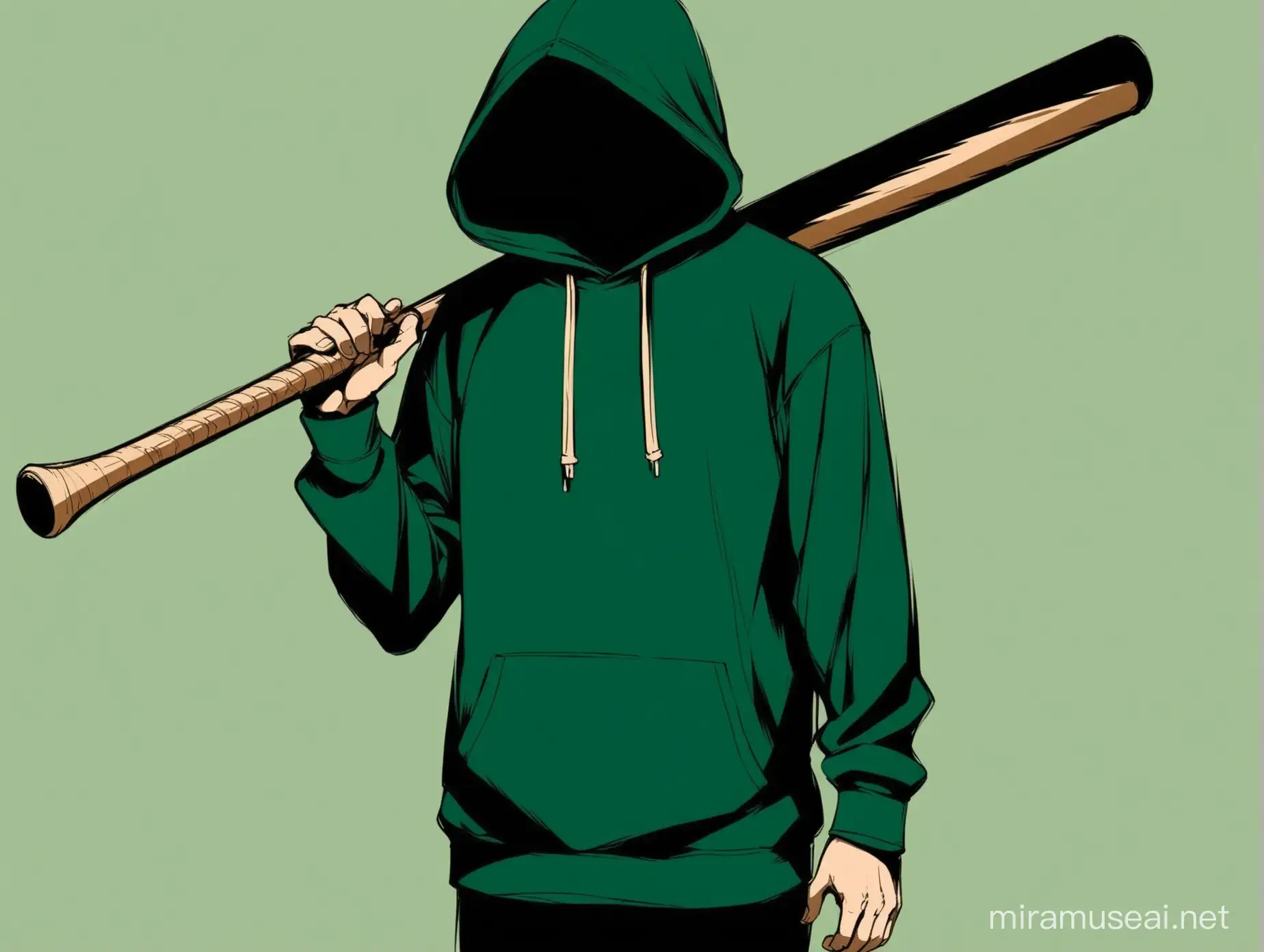 An image of a hand holding baseball bat wearing full sleeve dark green hoodie