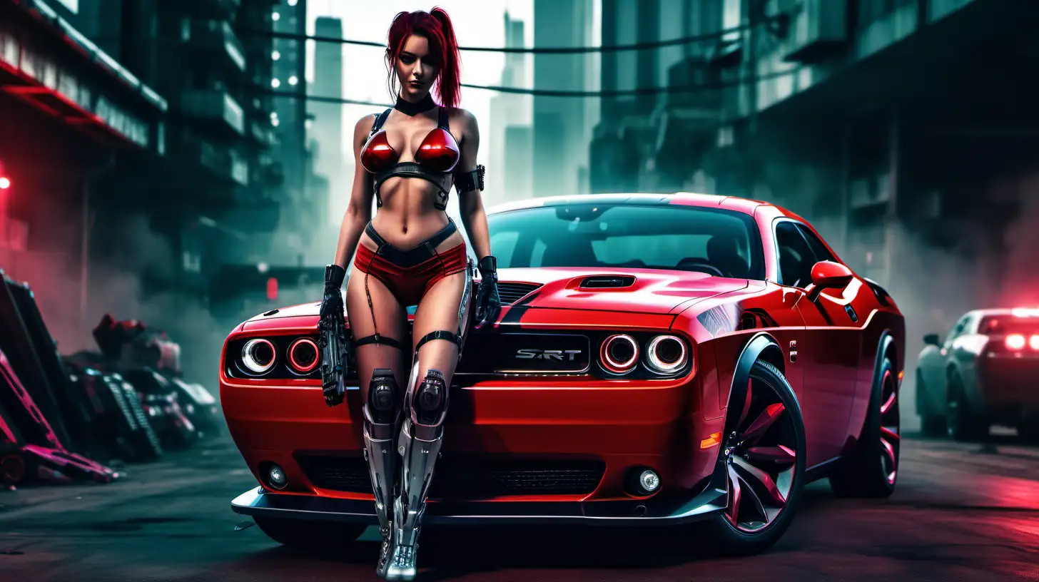 A cool cyberpunk style wallpaper featuring a red dodge challenger SRT and a beautiful girl wearing a skimpy cyber punk style outfit