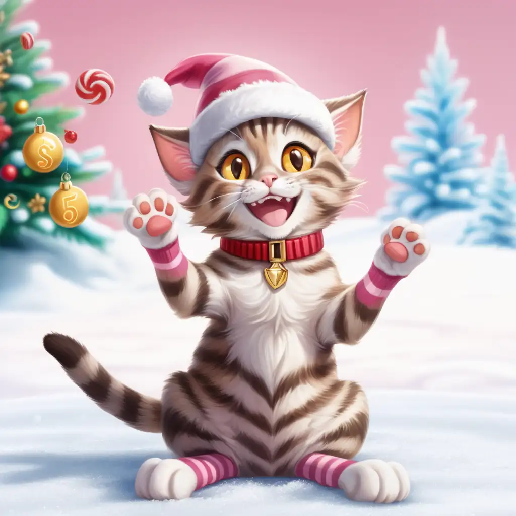 brown gray striped cat, one paw up, fingers as a sign of victory, smiling with open mouth, canines flashing, big yellow eyes, light brown nose, red elf cap on head, sitting in snow, christmast candies the background, pink backround tone, 