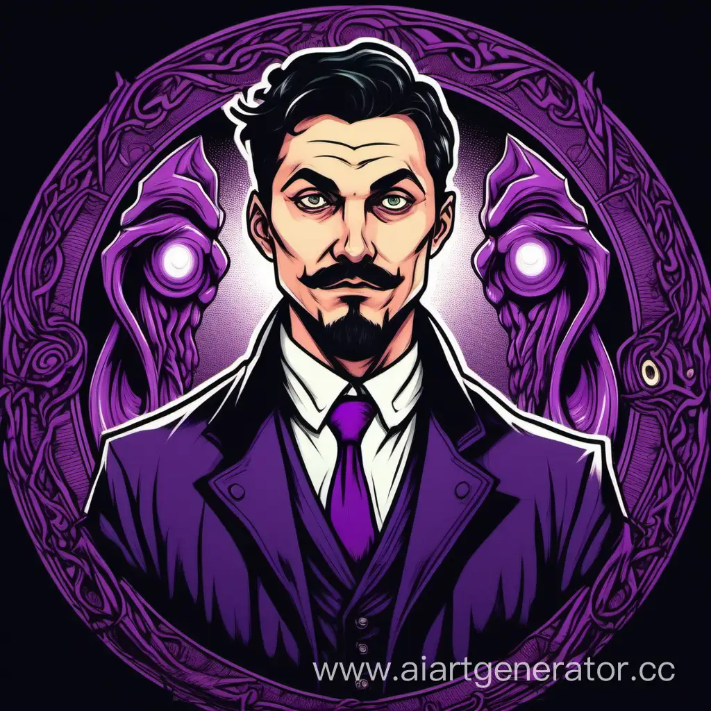 full-length portrait: a thirty-year-old affluent whiteskin englishman with short black hair and black eyes, with small mustache and small goaty beard. Sad eyes, beautifull smile, pretty face, handsome. Wide shoulders. Аn occultist possessed by a demon
Call of Cthulchu setting, purple colours