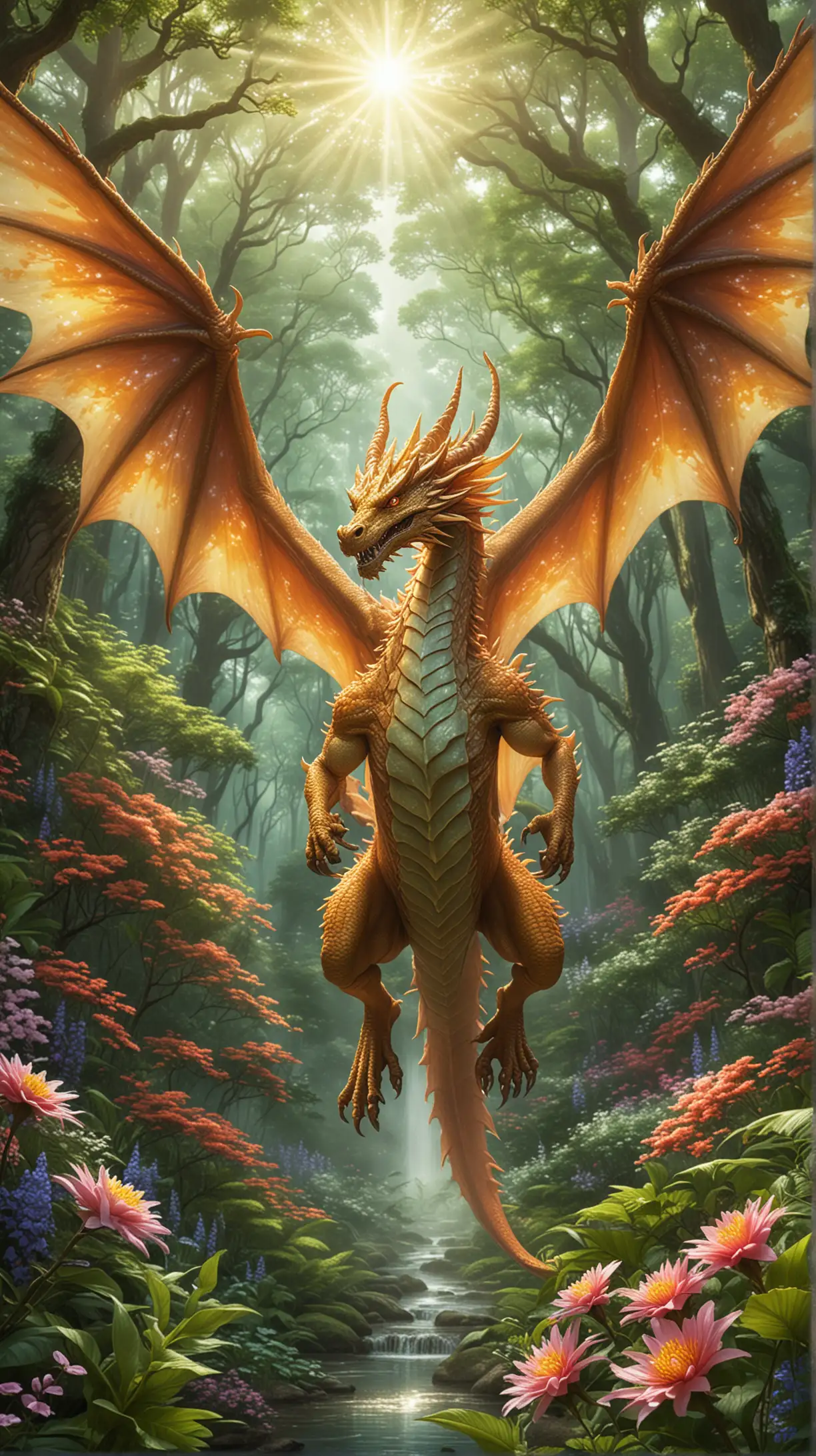A radiant dragon hovering above a lush forest, radiating with healing energy. Flowers bloom in its presence, and its gentle breath restores life to the land, embodying the power of rejuvenation.