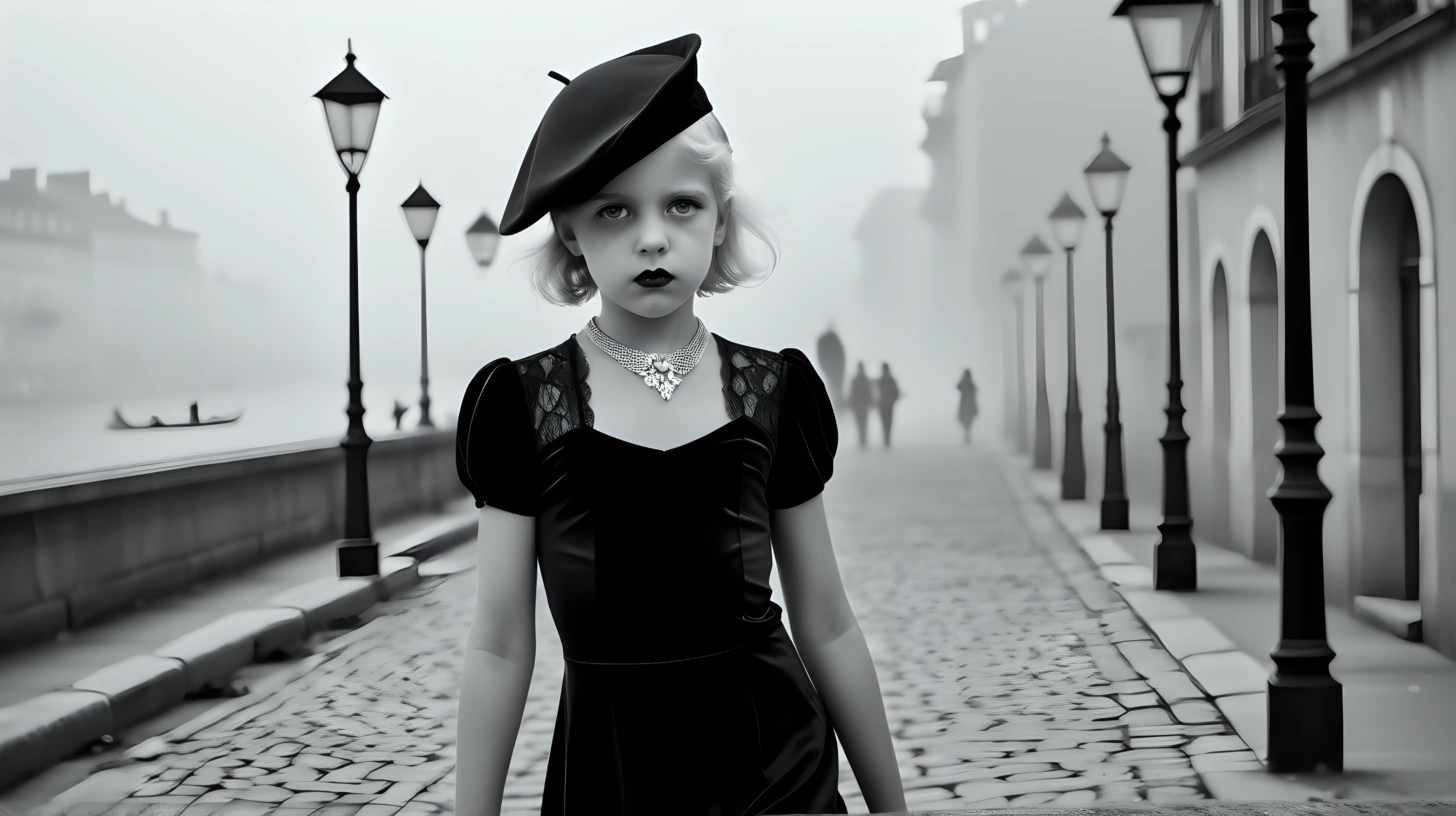 Angry Young Girl in 1930s Gown Walking on Historic French City Waterfront