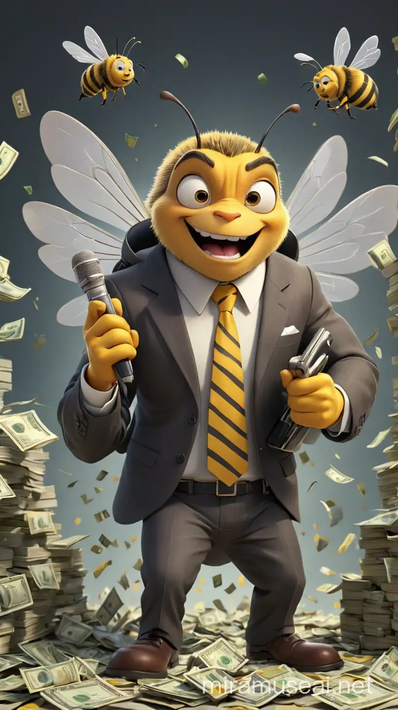 Energetic Broker Bee with Briefcase and Microphone Surrounded by Money Stacks