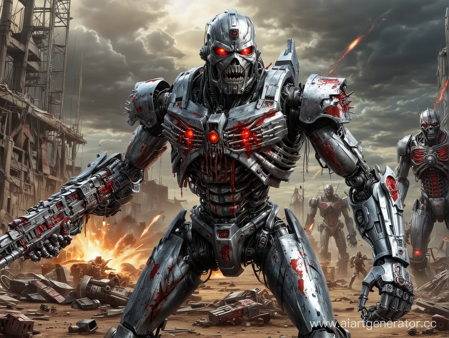 Futuristic-Battle-Scene-Iron-Maiden-Robot-with-Chrome-Laser-Weapon