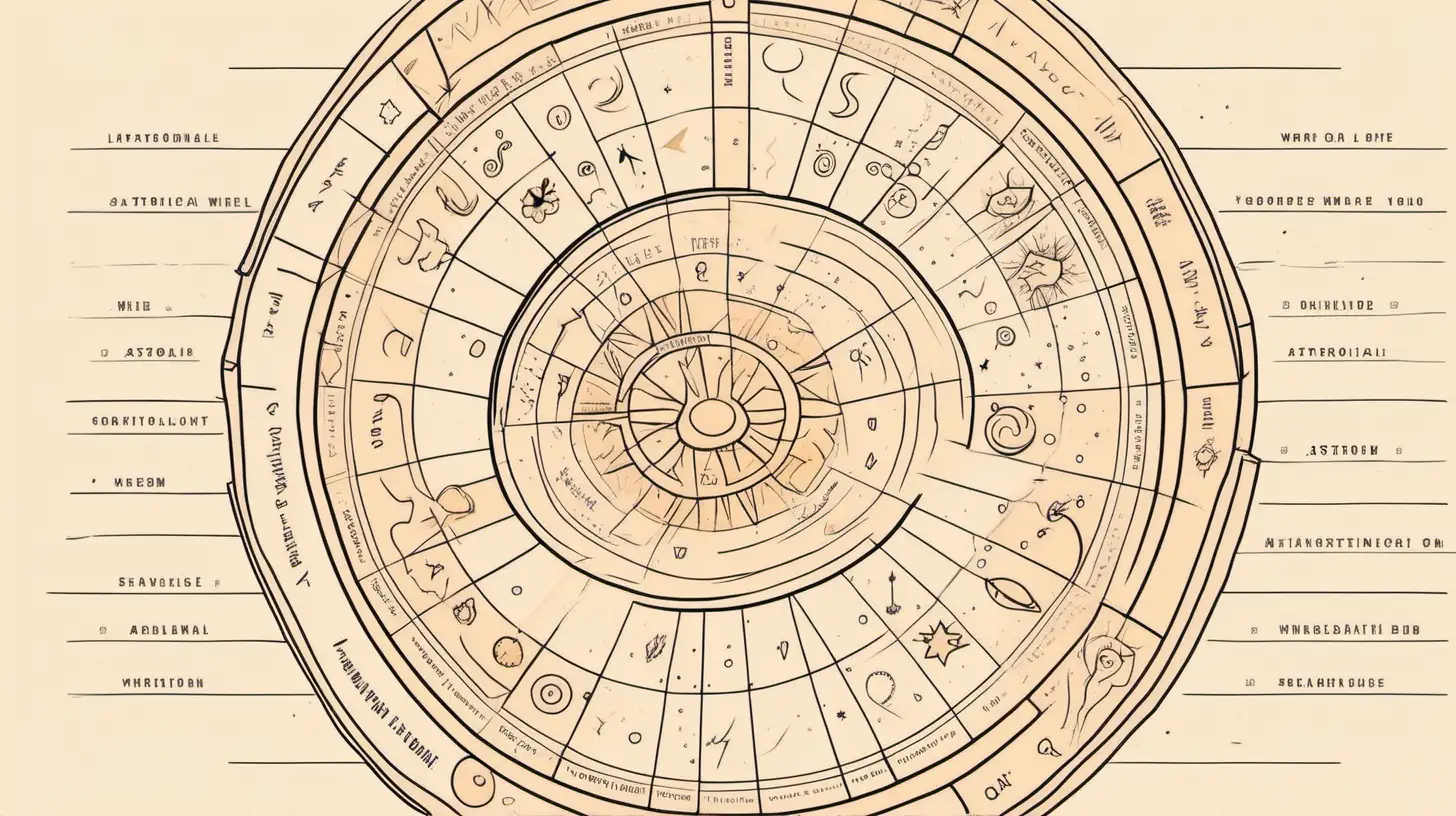 Draw An astrological wheel  relationship . Loose lines. Muted color, with label style little text
