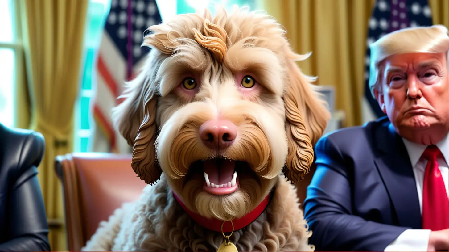 labradoodle dog with donald trump face 