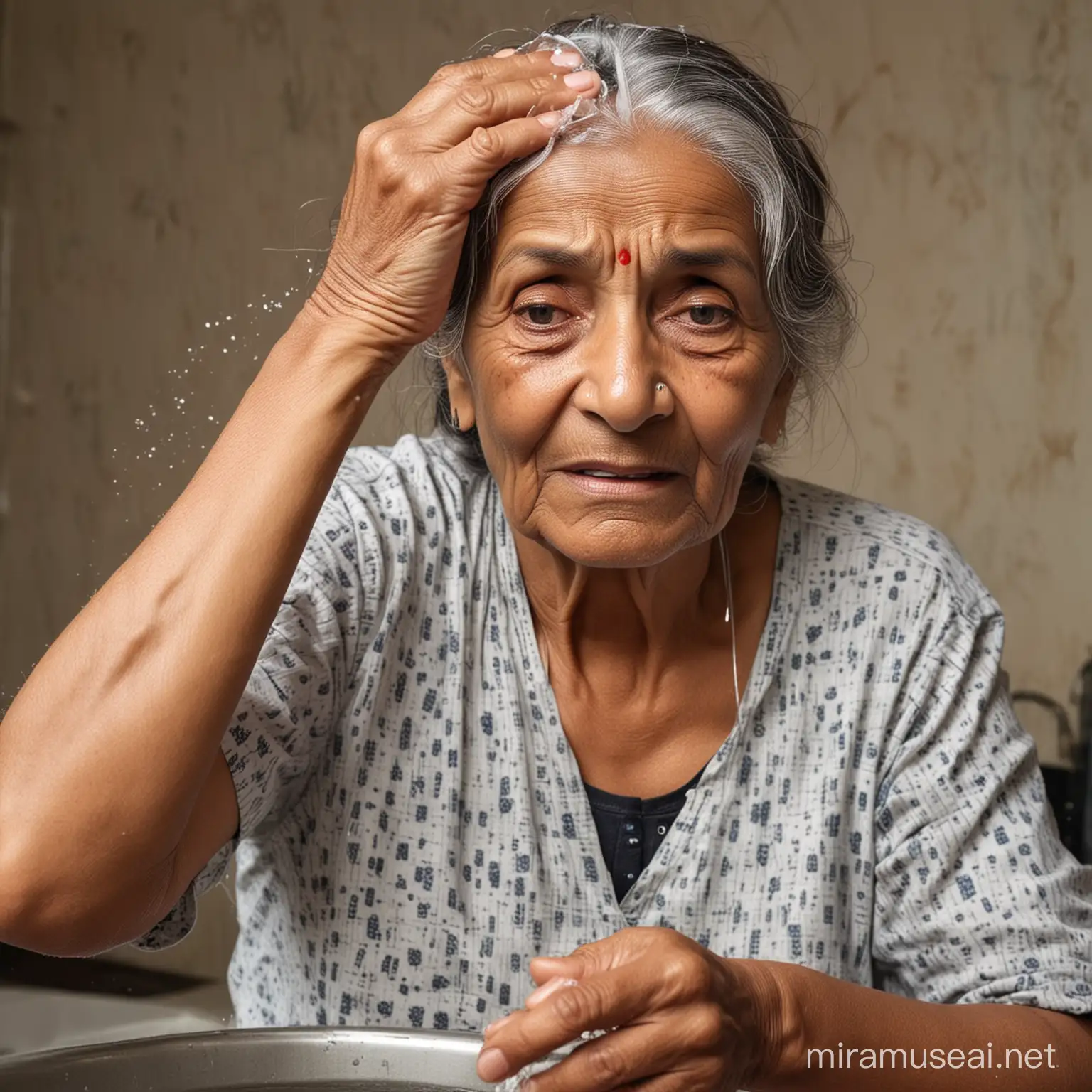 Elderly Indian Woman Surprised by Water Poured on Her Head at Home