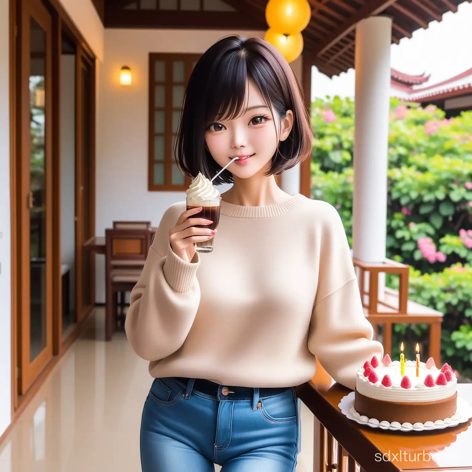 In front of a beautiful villa, a 45-year-old beautiful Taiwanese girl with shoulder-length short hair, wearing a sweater and jeans, was drinking to celebrate her birthday, with a beautiful birthday cake.