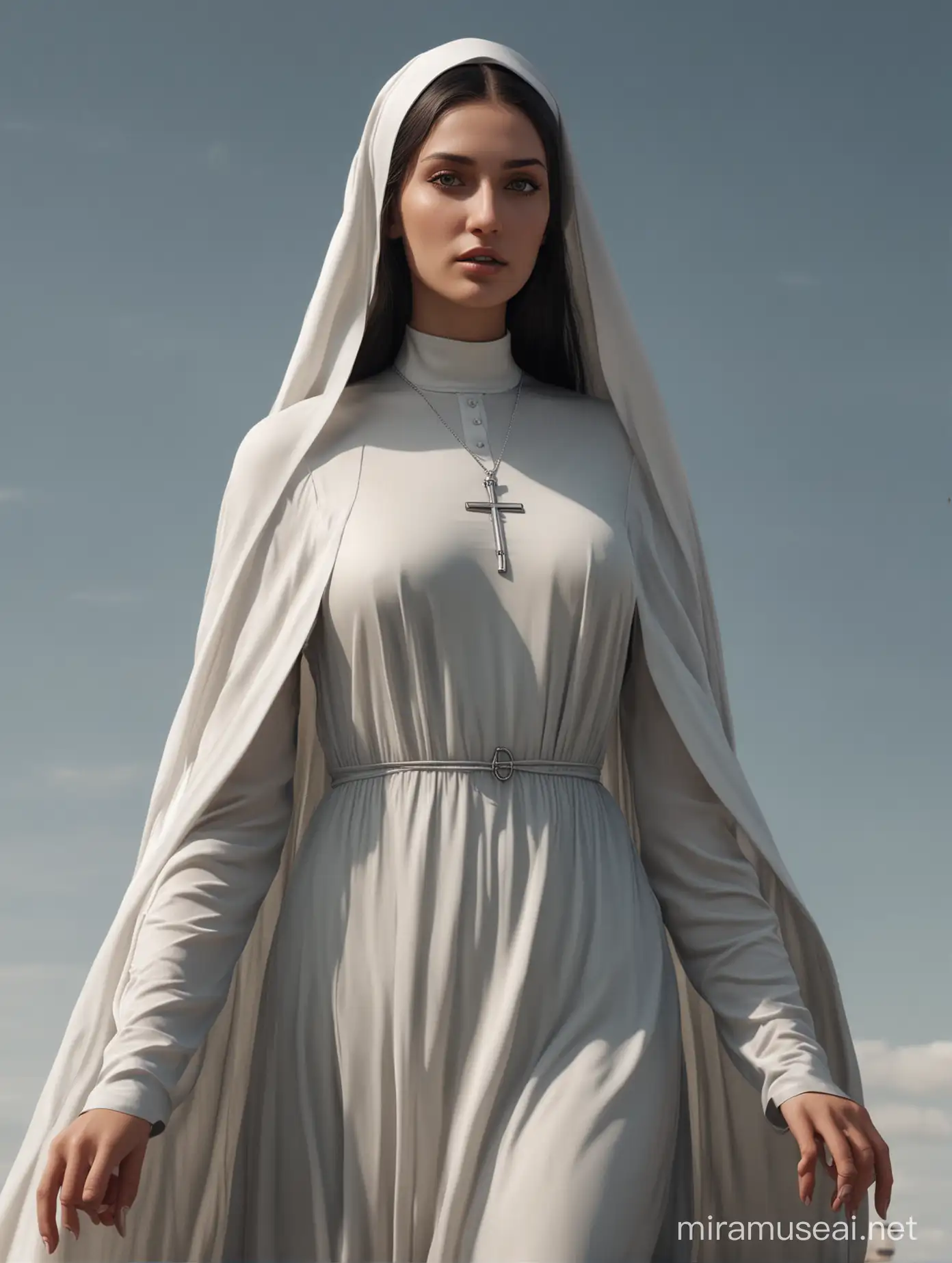 A seductive nun, with a long veil, a maxi silk dress fluttering in the wind, a realistic symmetrical face, realistic eyes, a realistic nose, realistic hands, and realistic toes, upscaled to 8k