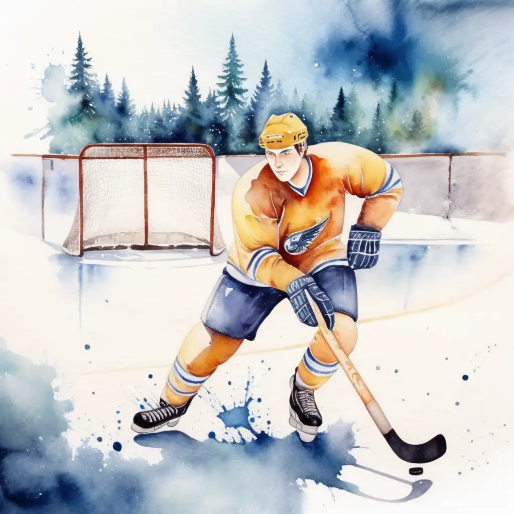 En kille som spelar hockey  med vattenfärg 