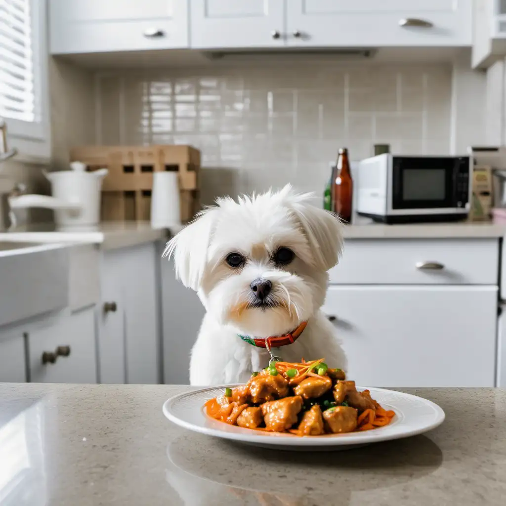 a maltese dog looking at a plate of "orange chicken" on rice on the kitchen table