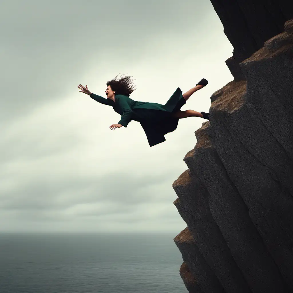 Dramatic Woman Falling from an Open Cliff Edge