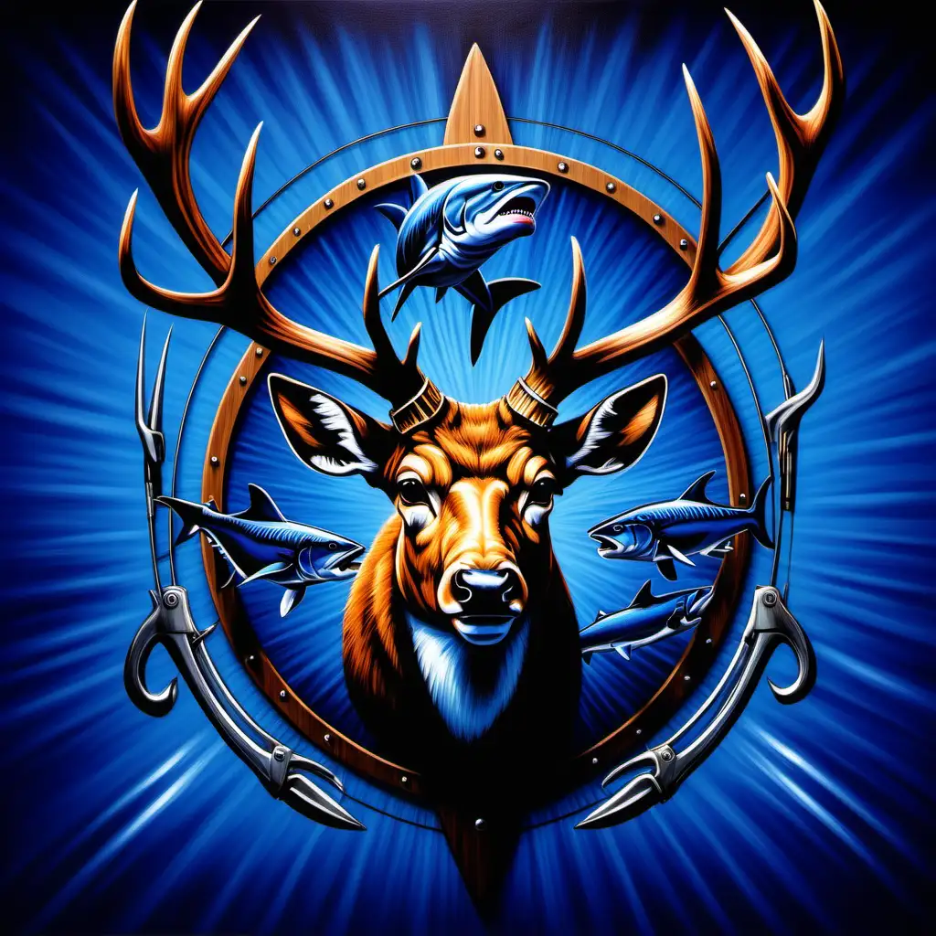 Start with a royal blue background to create a dramatic and bold setting. Place a realistic or stylized image of a mounted deer head, shark, and bass fish at the center of the canvas. These could be abstract shapes or light streaks to create a visually striking effect.  Similarly, incorporate images of hunting gear, and fishing gear floating around the canvas. You can rotate and resize them to add variety and depth to the composition. add colors  royal blue and orange
