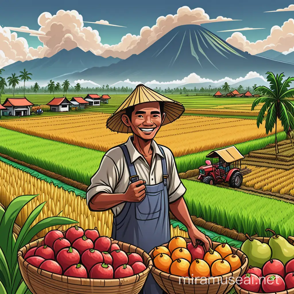 buatkan gambar kartun seorang petani indonesia dengan beberapa petani indonesia l sedang bergembira memanen buah buahan di kebun dengan latar belakang hamparan sawah dan pemandangan gunung dikejauhan dan awan yang cerah 