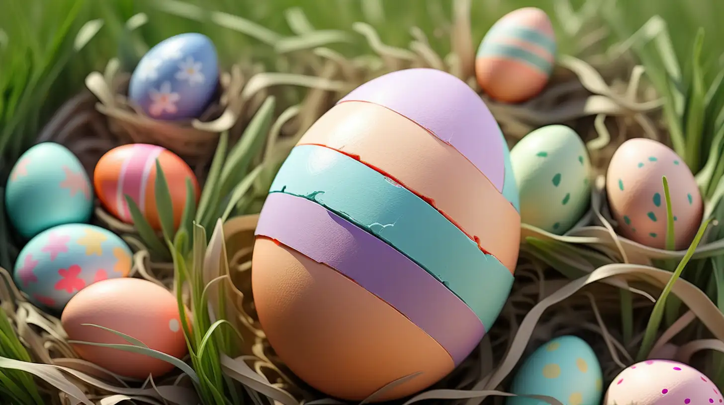 colorful pastel easter egg on field background, natural light day, text  space

