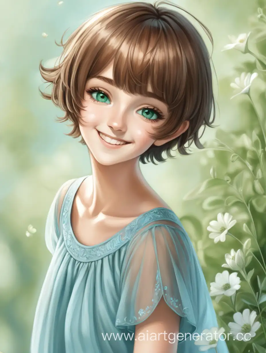 девушка с короткой стрижкой, русые волосы, в голубом воздушном платье, мило улыбается, зелёные глаза