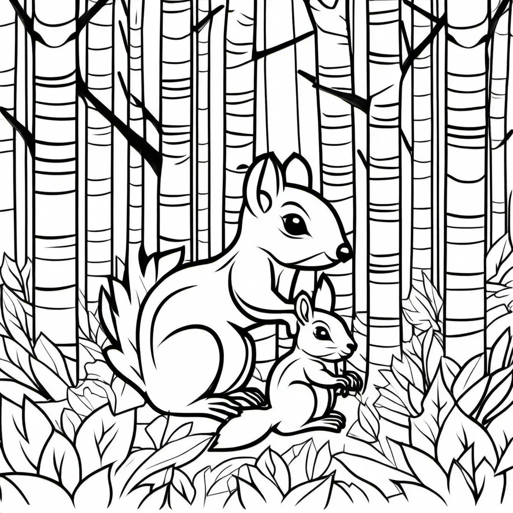 one squirrel one fawn, in the forest, white background, black and white, simple black line children's coloring page, black and white drawing for a minimalist coloring book, crisp black lines, sharp lines, no shades