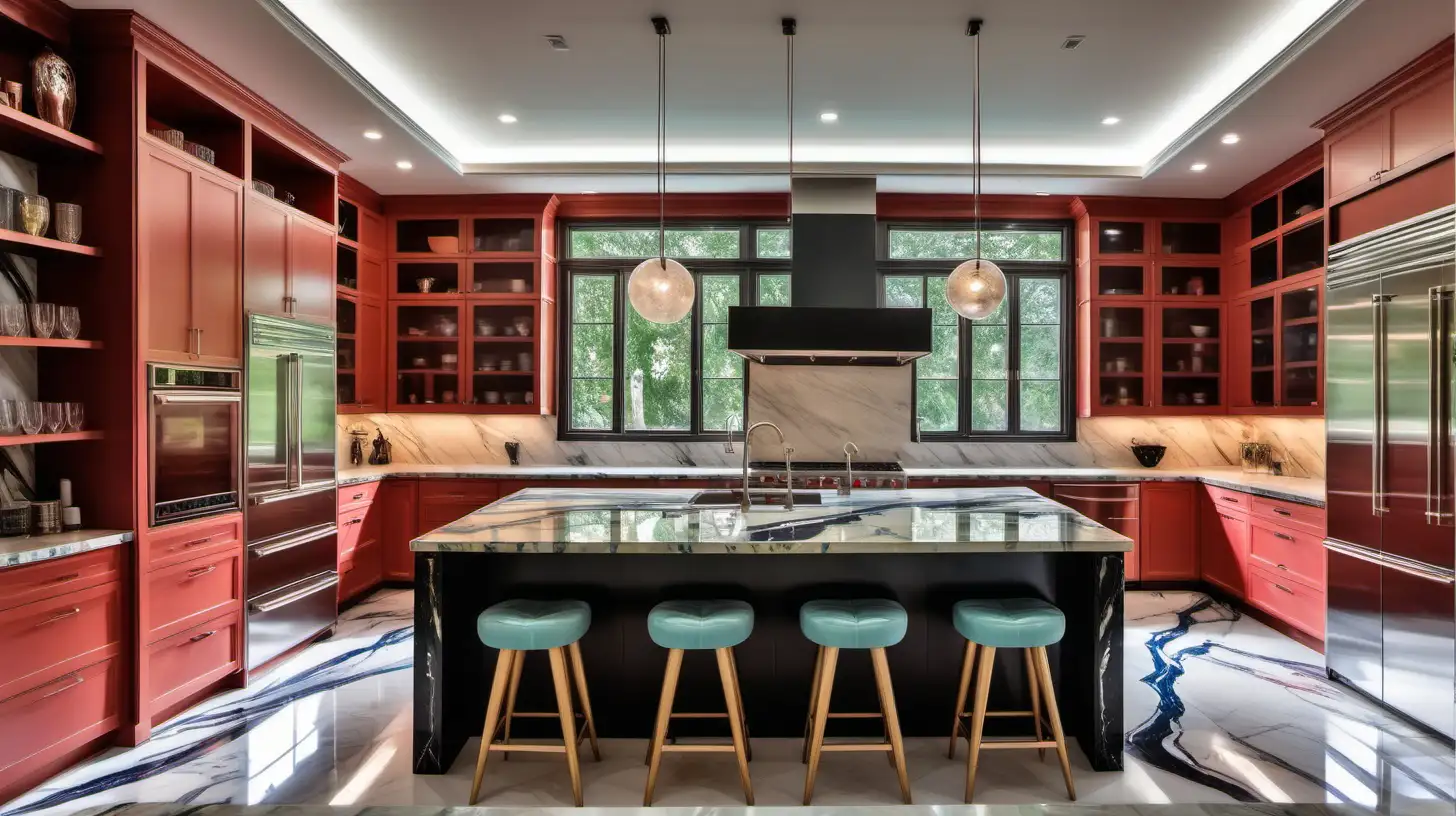 Spacious Dream Kitchen with Colorful Marble and Hidden Lighting