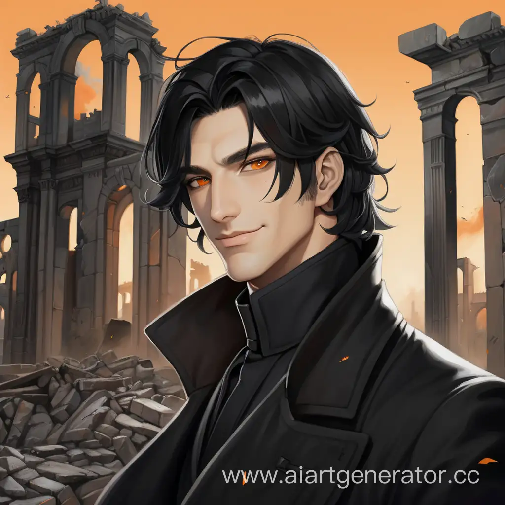 Красивый мужчина с оранжевого  цвета глазами, черными волосами и в черном плаще с длинным воротником на фоне руин, хитро улыбается