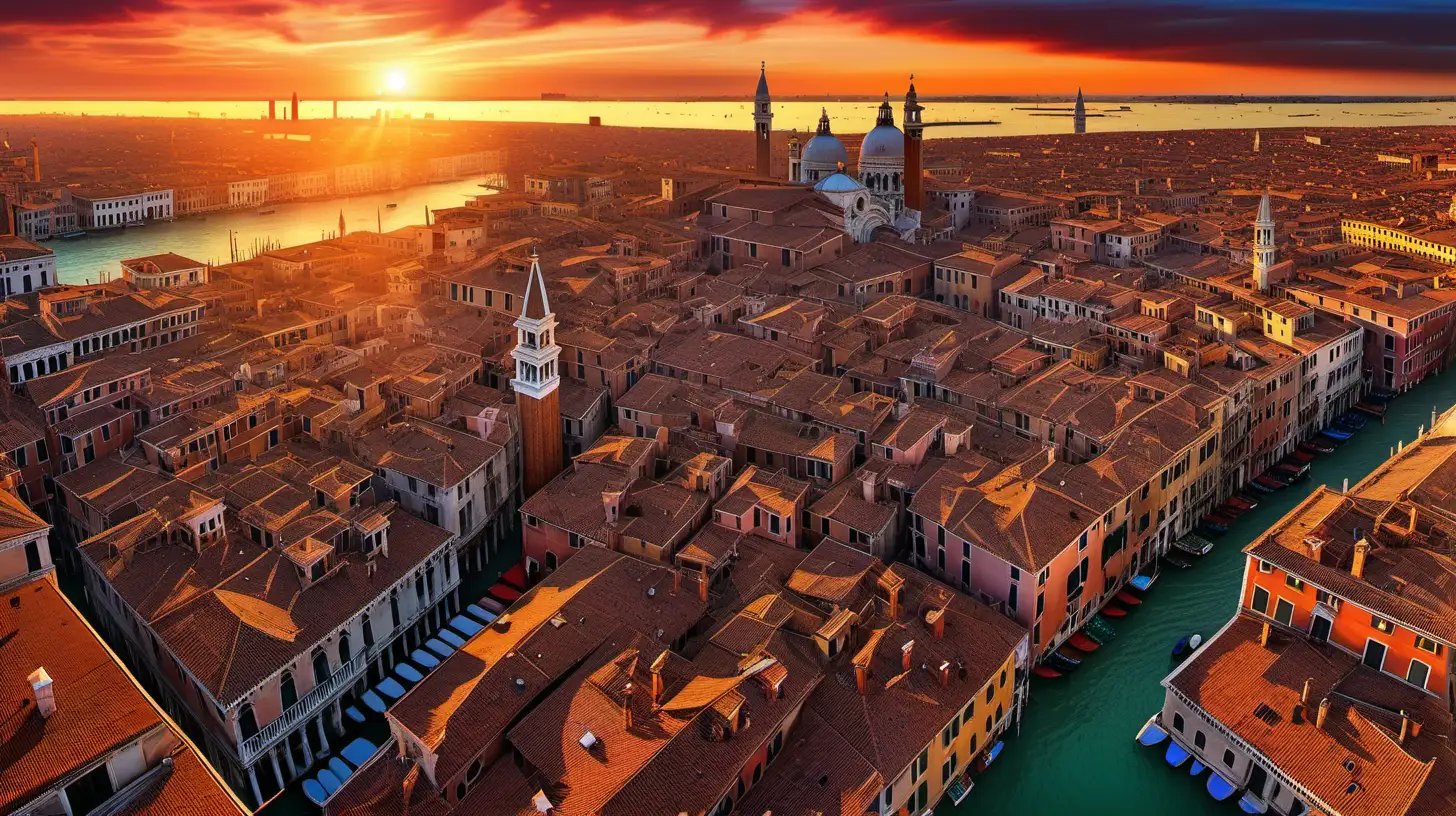 Ancient Venice, a panorama rich in details, amazing architecture and a plethora of colors and contrasts. Semi-aerial panorama, covering a large part of the wonderful Venice. Small, picturesque houses with wood smoke coming out of their chimneys. The atmosphere is completed by a gorgeous sunset and a huge sun that warms the color of the image.