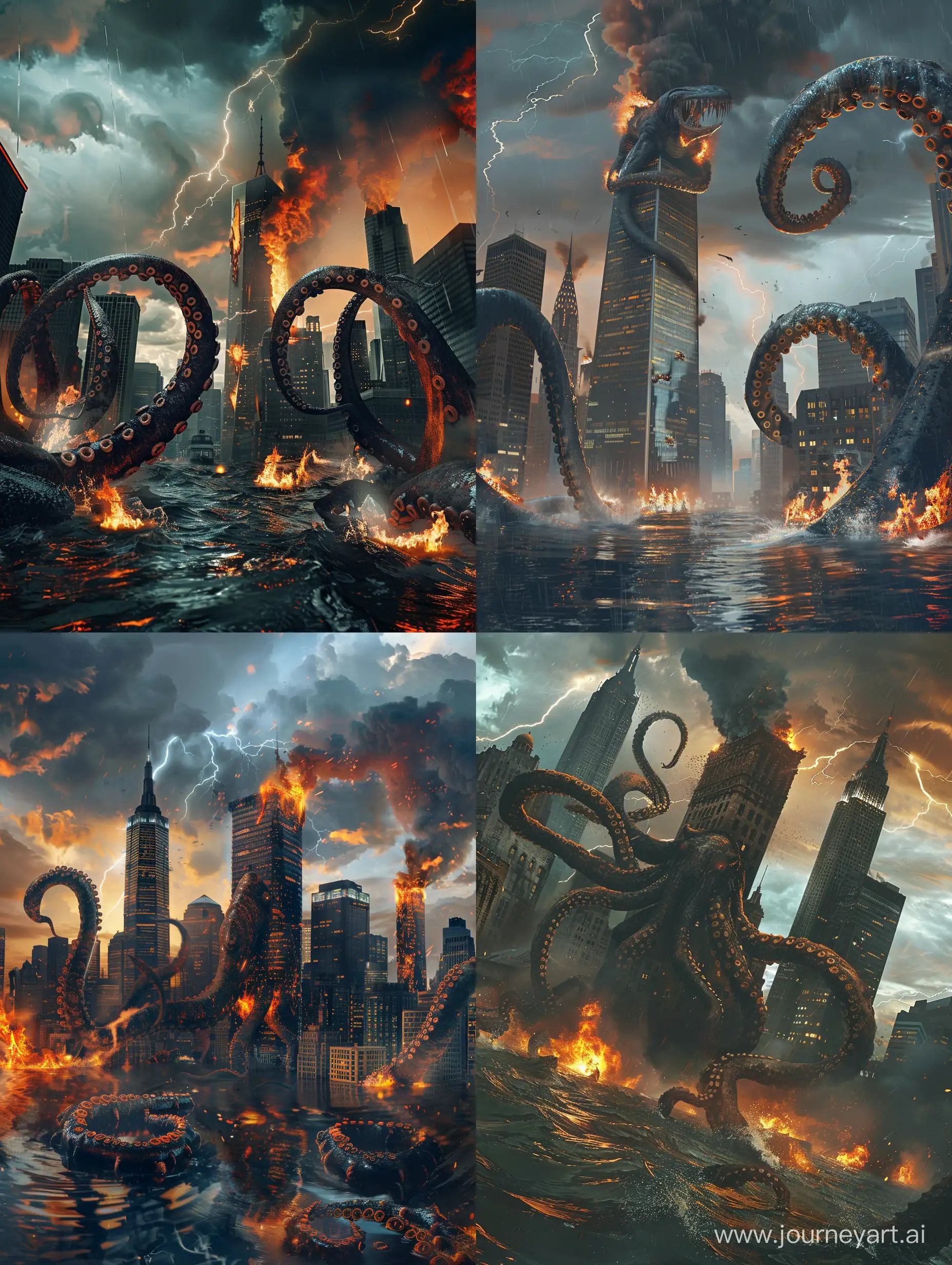 A kraken rising  in the water covered city scape, tentacles hugging around burning tall buildings, hurricane lighting clouds background, high resolution