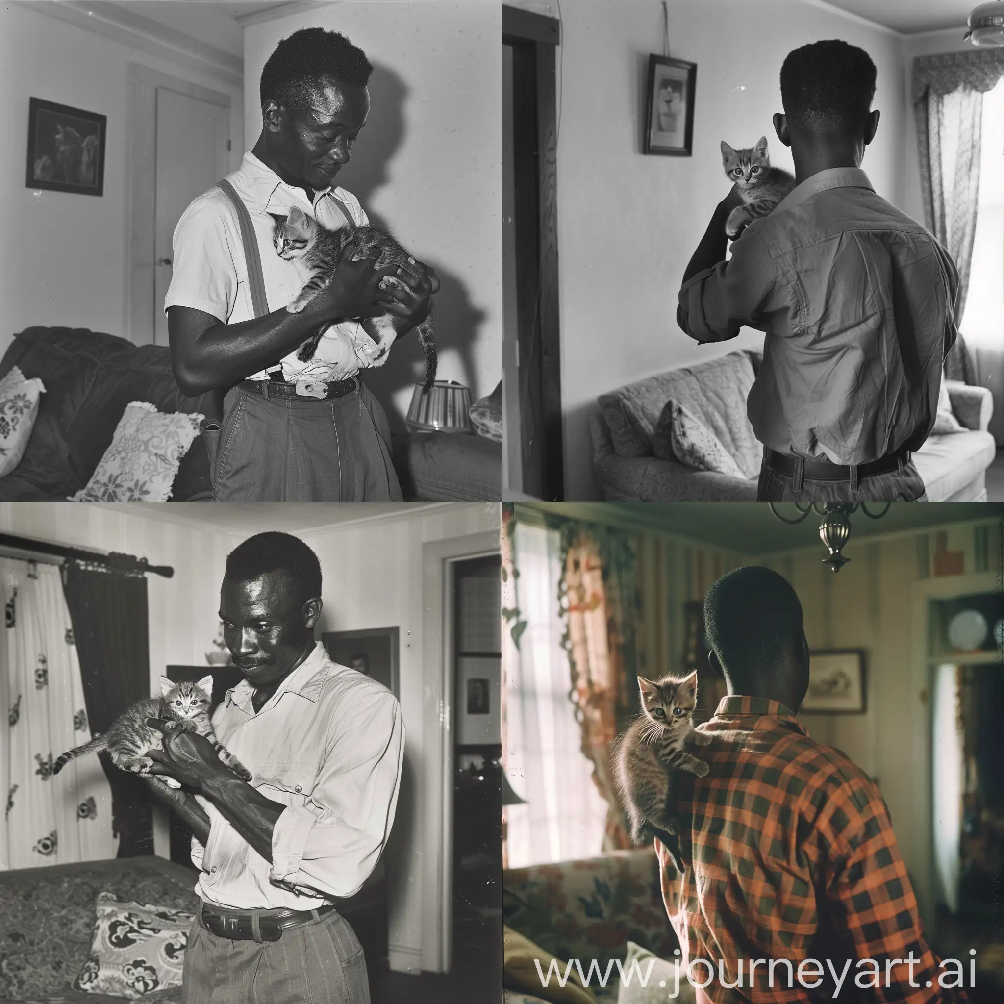 A black man carrying a kitten in the living room, 1950s photograph