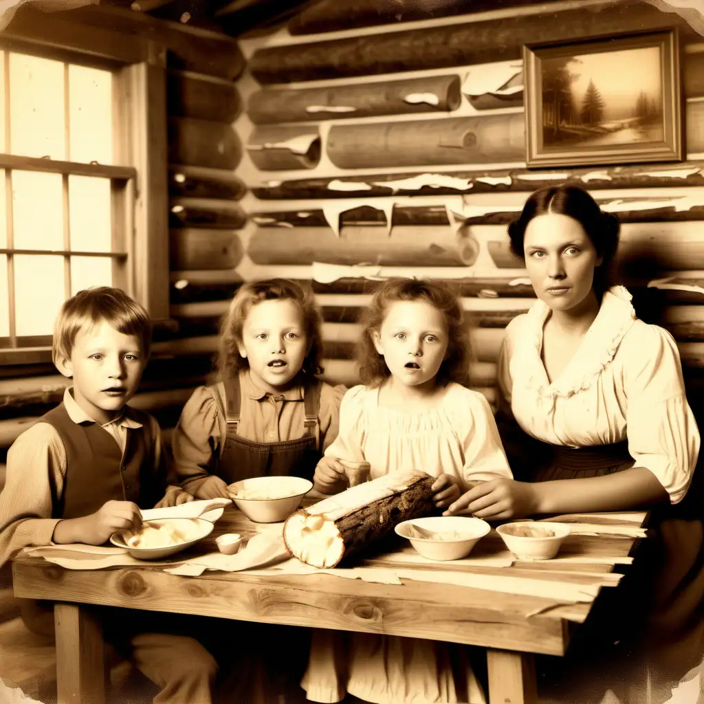 Distressed photo, sepia, 1800 photo, torn, realistic, aged, inside a log cabin, family eating mayonnaise