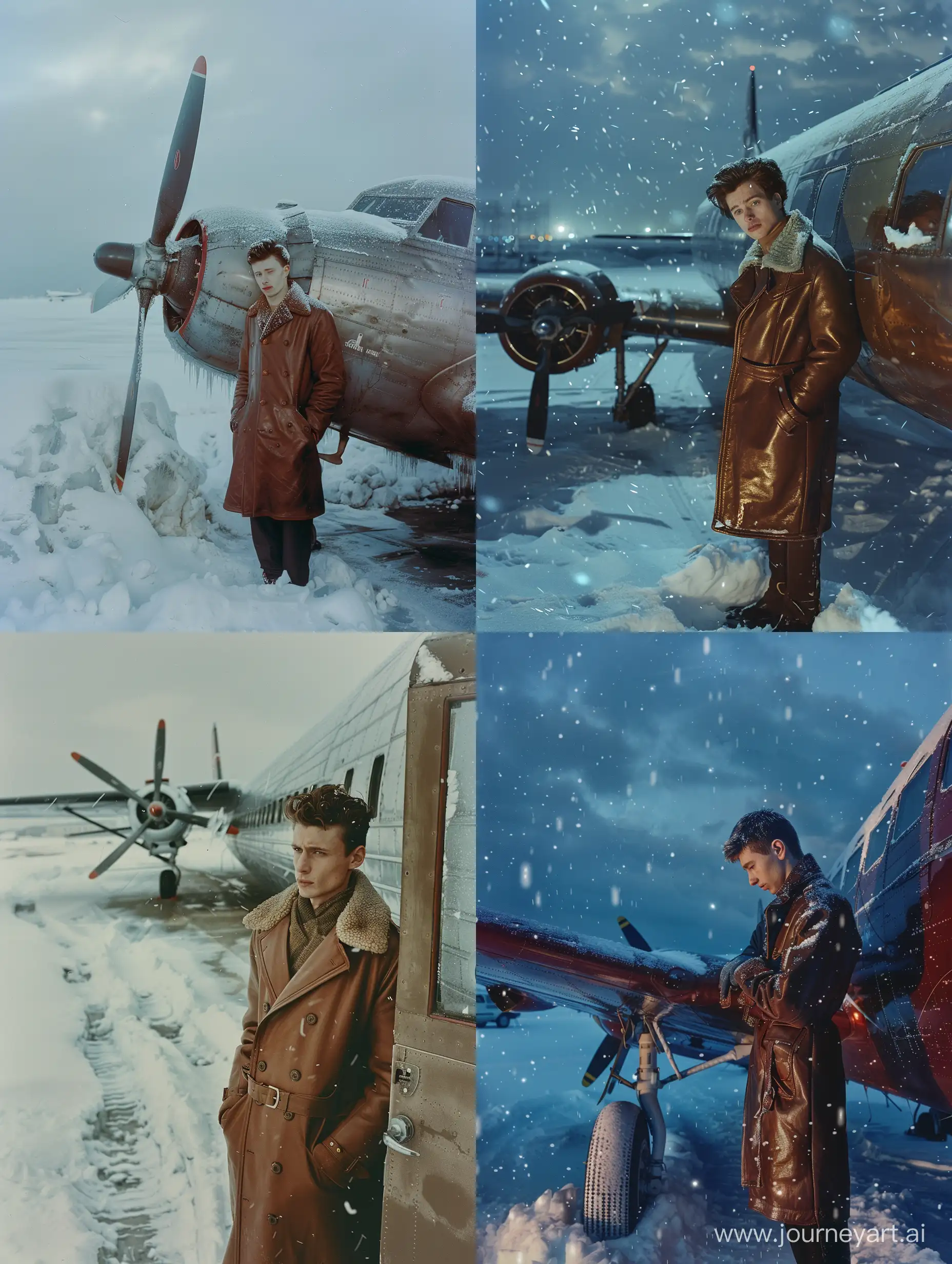 a man standing next to a parked airplane in the snow and ice, an album cover, tonalism, wearing a brown leather coat, perfectly lit. movie still, ffffound, volodymyr zelenskyy, young simon baker, wide open city ”, kodachrome 8 k, star