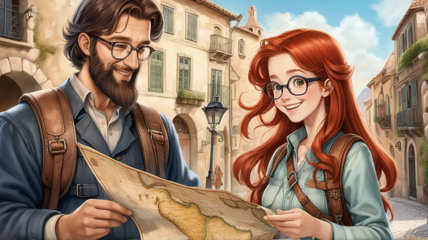 Joyful Explorers in a Historic Town RedHaired Woman and Bearded Intellectual