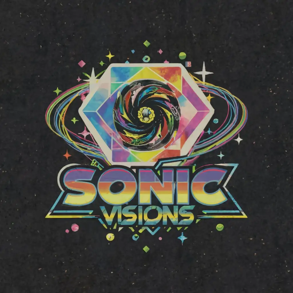 a logo design, with the text 'Sonic Visions', main symbol: wireframe black hole galaxy hurricane in fractured distorted diamond heart, psychedelic, rainbow, shiny, sonic spin dash, sonic the hedgehog font, complex, to be used in Entertainment industry, clear background