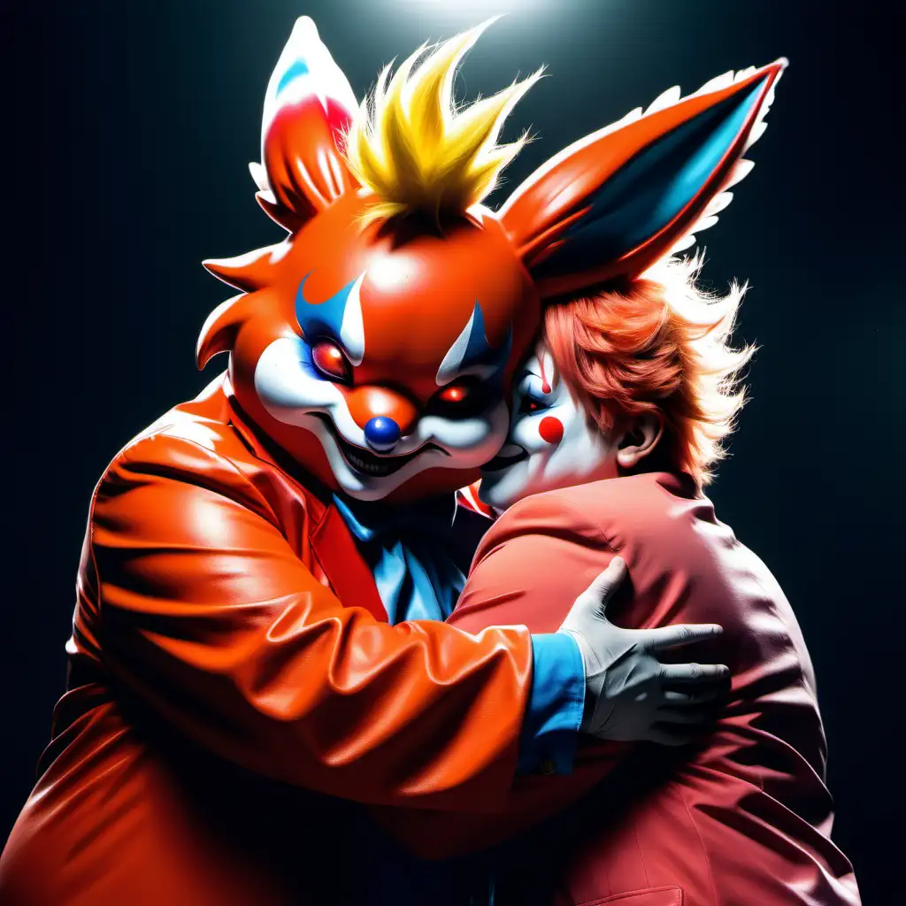 Flareon and Mean Clown Embrace Heartwarming Friendship Illustration