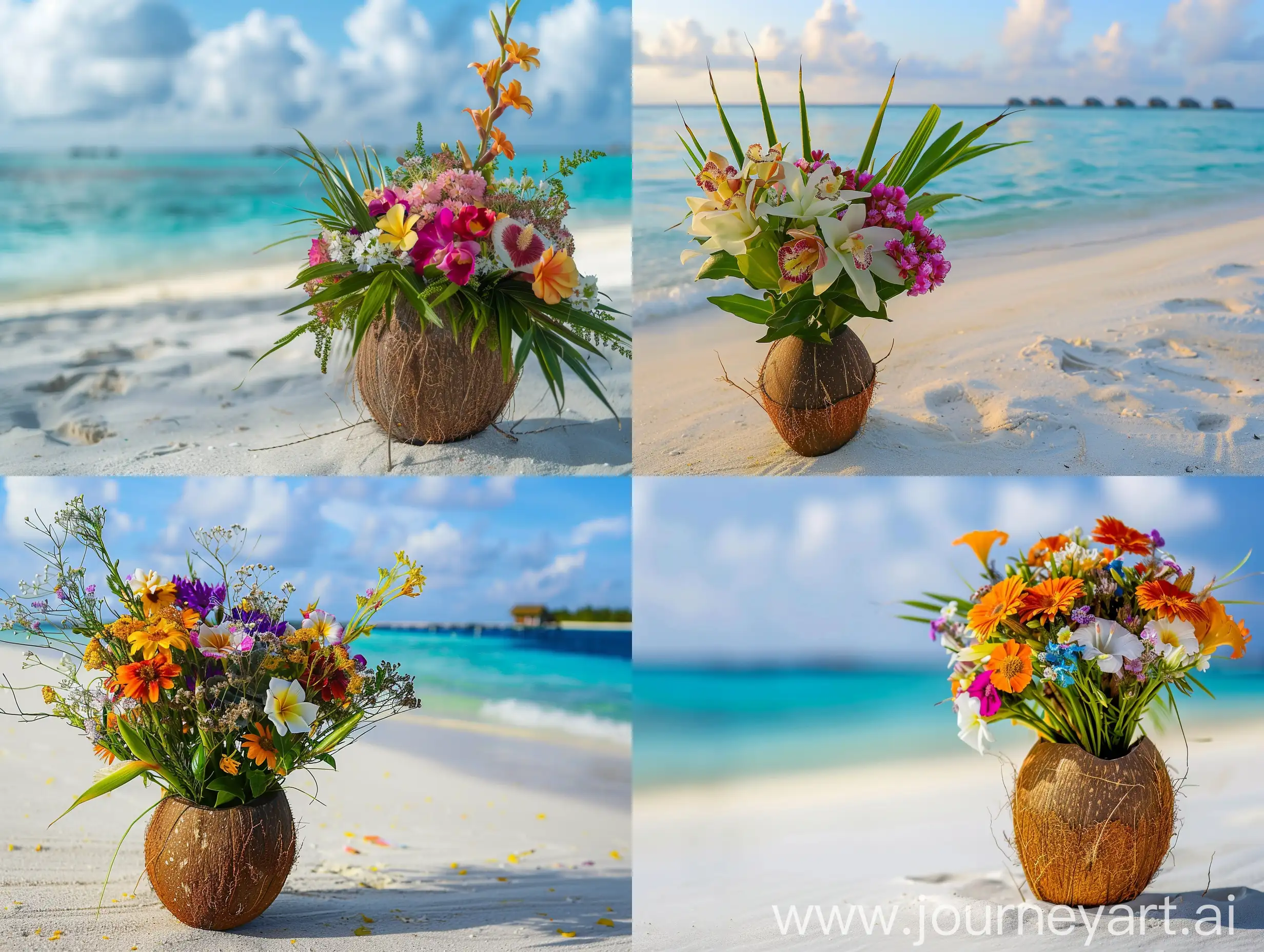 Bouquet of tropical flowers  in coconut on sandy beach in Maldives.