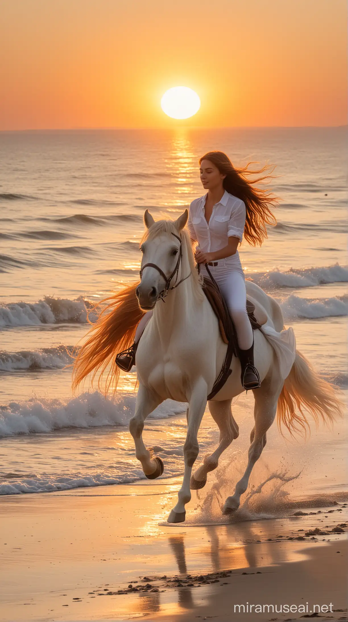 صورة جانبية لحصانان حصان أبيض تركبه فتاة جميلة ذات شعر طويل يتطاير في الهواء على شاطئ رملي أمام البحر، و الحصان الآخر يركبه شاب جميل ويجري خلف الفتاة. الوقت عند الغروب والشمس تظهر بحجم كبير خلف البحر، لون الشمس البرتقالي يملأ المكان و يغطي المشهد كاملا.