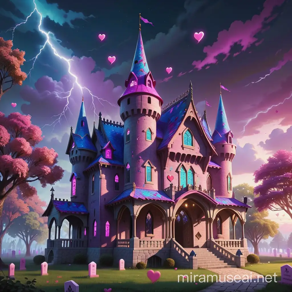 Castle of a zombie princess, which is sewn in parts reminiscent of a tomb. It has a modern point and large windows with many colors. It is a princess of Tomb in a pink cemetery with hearts. there is a central mausoleum that looks like a castle and has lightning decorations. it has pink, lilac and blue colors. it is the house of a zombie princess.
