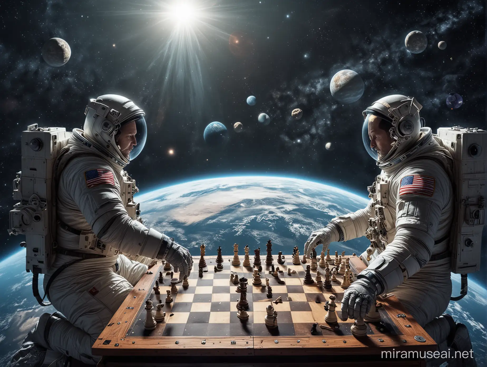 Two astronauts playing a game of chess in space. They are floating in space with a planet in the background and the chessboard between them.