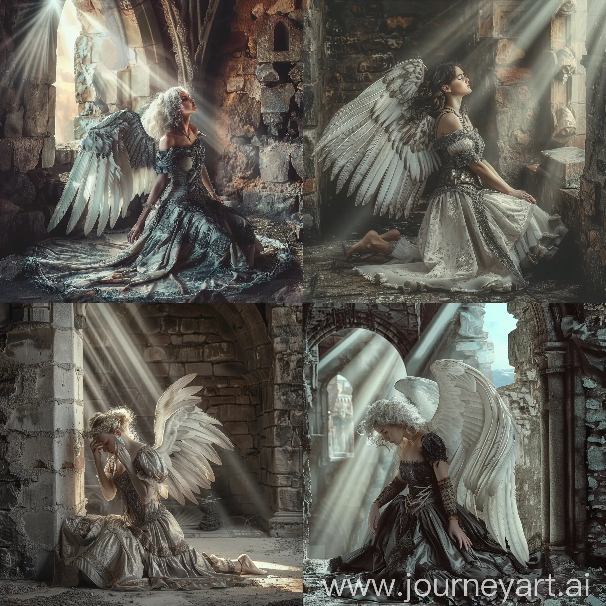A beautiful angel with large white  wiings, wearing a medieval dress is on her knees in a stone castle.  Emotional cinematic scene using grayish dark tones and  muted colours. God rays. Realistic adobe photoshop brush painting