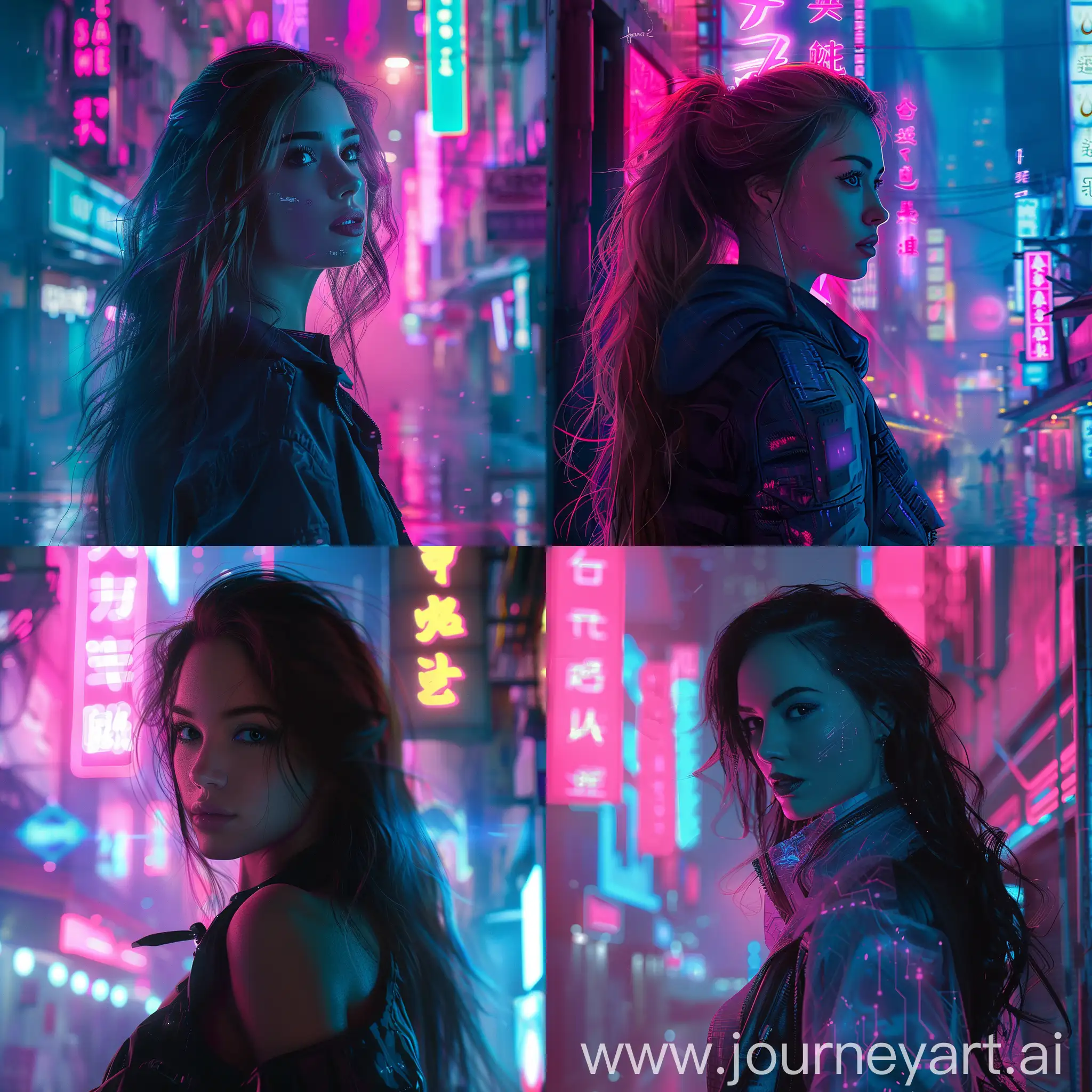 A beautiful woman in a cyberpunk city, with subtle pink and blue gradients, neon lights, backlight, sci-fi, realistic, cinematic, futuristic, techpunk, fantasy art.