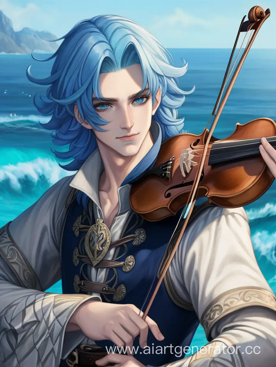 blue hair, white hair, dark blue eyes, member of the royal family, bard, boy, beautiful man, middle ages, dnd, violin, ocean