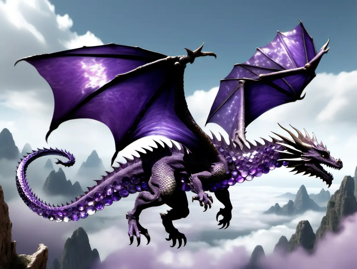 an ancient living dragon with scales made of amethyst in flight