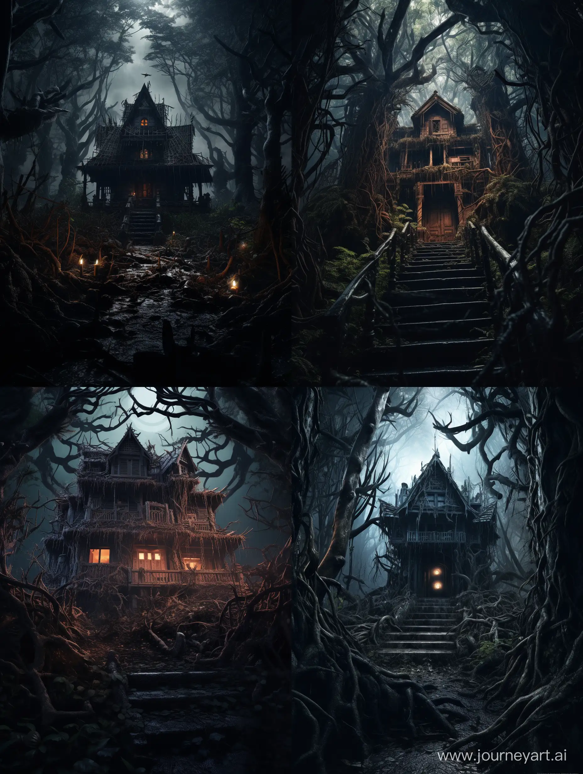 A scary house in Indonesia surrounded by dark trees and the sound of the wind through the leaves.. horror movie scenes, intricate designs and details, dramatic lighting, hyperrealism, photorealistic, cinematic, 8k