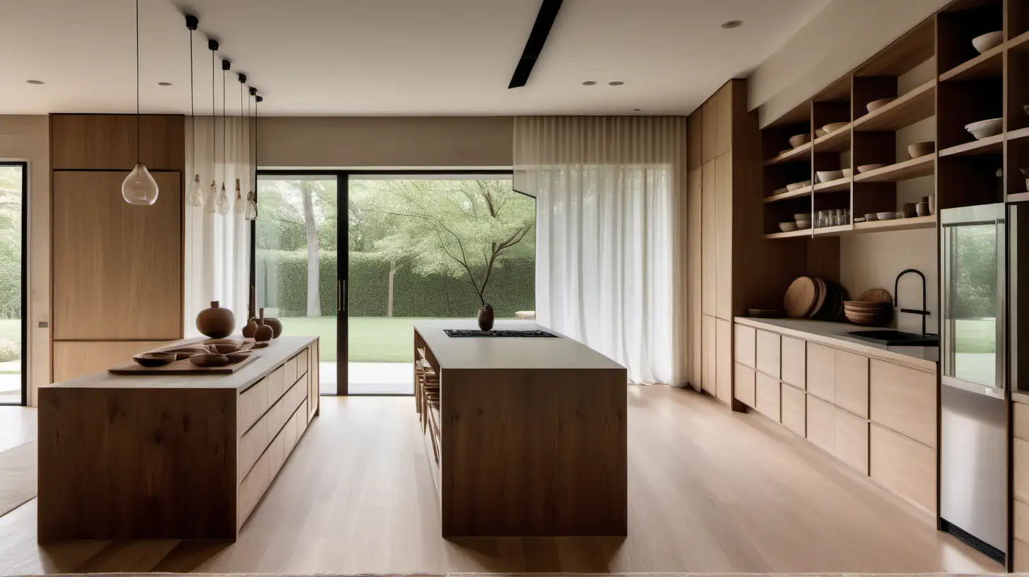 an organic minimalist modern japandi style estate home long kitchen with island, 
and pantry with built in cabinets and shelves; beige wool runner rug; walnut wood, oak flooring, Bauwerk Bone limewashed walls, a large window with linen curtains