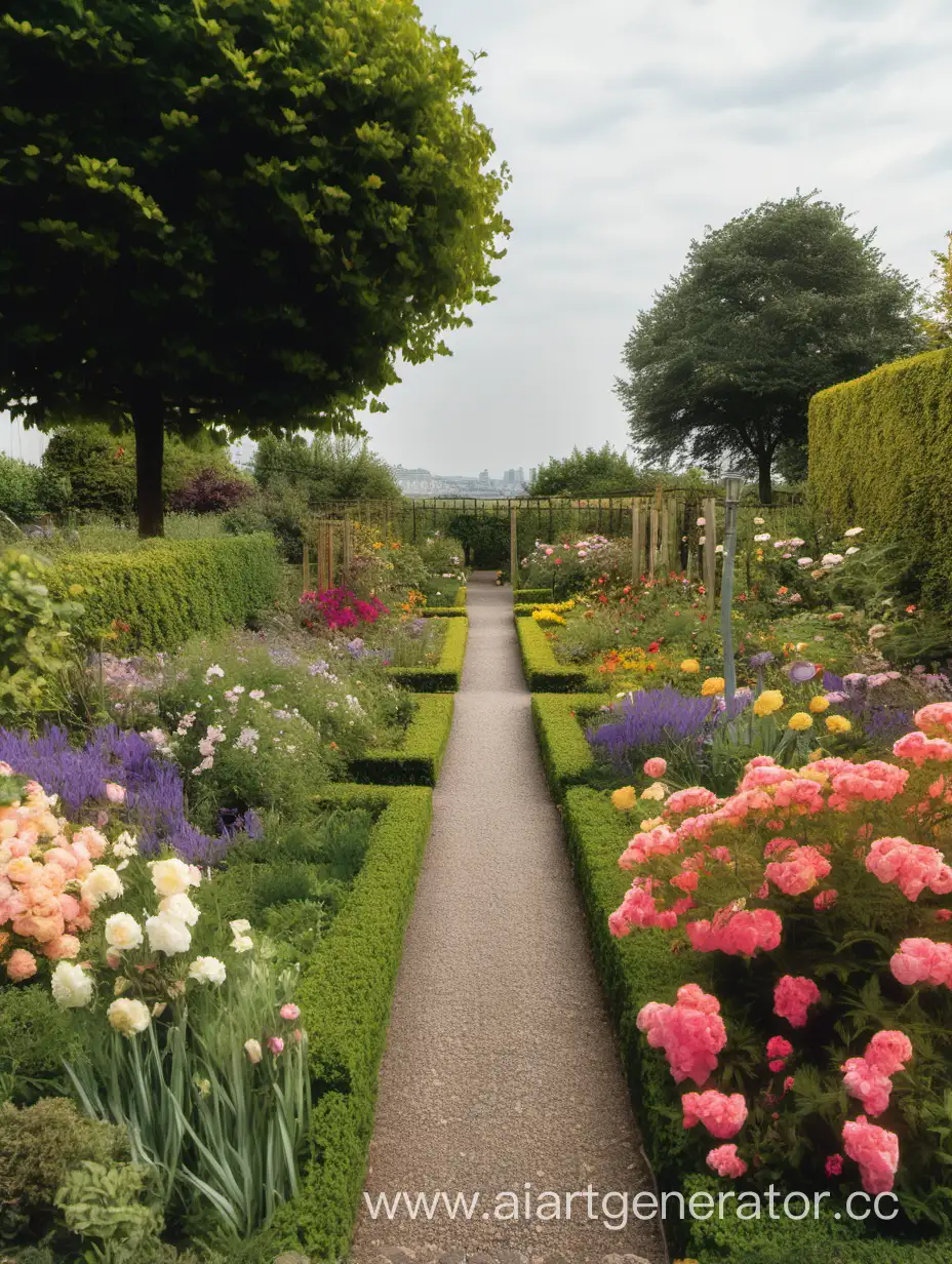 Picturesque-Garden-Scene-with-Blooming-Flowers-and-Distant-Country-Road