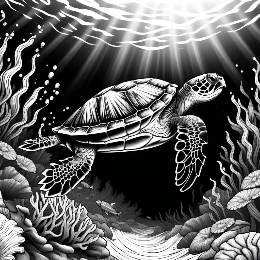turtle swimming underwater, black and white, for coloring page, white water, white beakground for coloring purpose