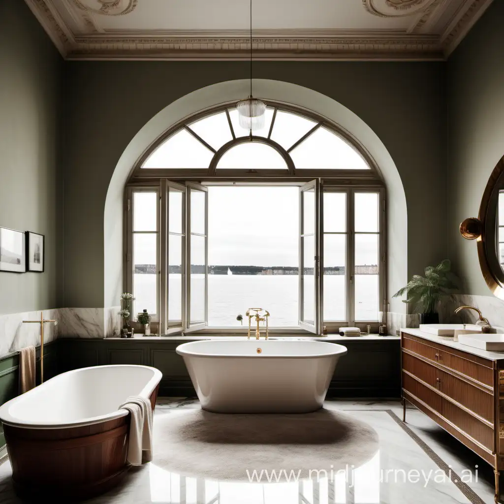 a large luxurious bathroom in a huge turn-of-the-century apartment in Stockholm, a large window where you look out over the water on the beach road. the bathroom should be in Scandinavian style with the colors beige, brown, marble, a little green, walnut. A large round bathtub in the middle, luxurious fluffy towels