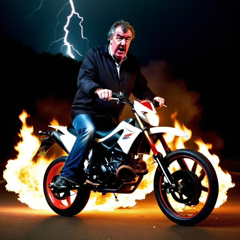 jeremy clarkson on a stunt bike with fire and lightning at night